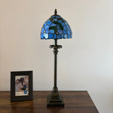 Tiffany Style Table Lamp Blue Stained Glass Leaves LED Bulb 8"W*8"D*24"H