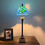 Tiffany Style Table Lamp Blue Stained Glass Leaves LED Bulb 8"W*8"D*24"H