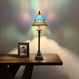 Tiffany Style Table Lamp Blue Stained Glass Purple Tulips LED Bulb 8"W*8"D*24"H