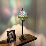 Tiffany Style Table Lamp Blue Stained Glass Purple Tulips LED Bulb 8"W*8"D*24"H