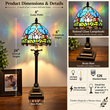 Tiffany Style Table Lamp Blue Stained Glass Purple Tulips LED Bulb 8"W*8"D*24"H
