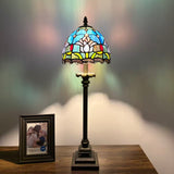 Tiffany Style Table Lamp Blue Stained Glass Purple Tulips LED Bulb 8"W*8"D*24"H