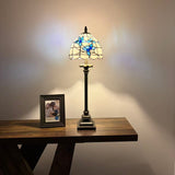 Tiffany Style Table Lamp White Stained Glass Blue Flowers LED Bulb 8"W*8"D*24"H
