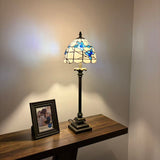 Tiffany Style Table Lamp White Stained Glass Blue Flowers LED Bulb 8"W*8"D*24"H