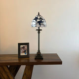 Tiffany Style Table Lamp White Stained Glass Blue Flowers LED Bulb 8"W*8"D*24"H