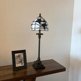 Tiffany Style Table Lamp White Stained Glass Blue Flowers LED Bulb 8"W*8"D*24"H