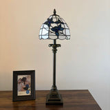 Tiffany Style Table Lamp White Stained Glass Blue Flowers LED Bulb 8"W*8"D*24"H