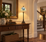 Tiffany Style Table Lamp White Stained Glass Blue Flowers LED Bulb 8"W*8"D*24"H