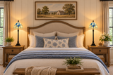 Tiffany Style Table Lamp White Stained Glass Blue Flowers LED Bulb 8"W*8"D*24"H