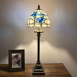 Tiffany Style Table Lamp White Stained Glass Blue Flowers LED Bulb 8"W*8"D*24"H
