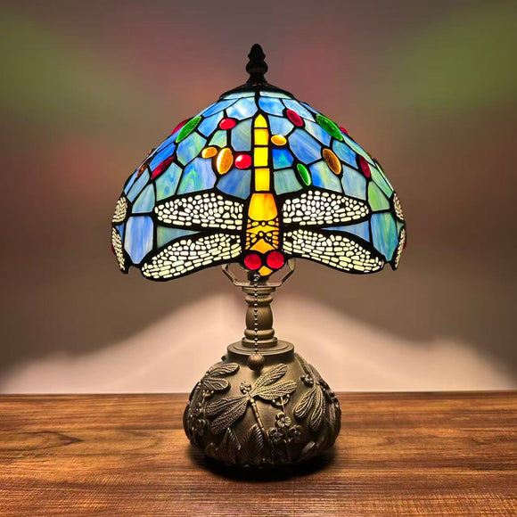 Tiffany Style Table Lamp Blue Stained Glass Dragonfly Include LED Bulb 10