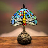 Tiffany Style Table Lamp Blue Stained Glass Dragonfly Include LED Bulb 10"W*10"D*14"H