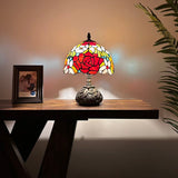 Tiffany Style Table Lamp Stained Glass Rose Flowers Included LED Bulb 10"W*10"D*14"H