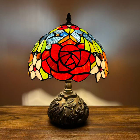 Tiffany Style Table Lamp Stained Glass Rose Flowers Included LED Bulb 10