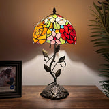 Tiffany Style Table Lamp Stained Glass Rose Flowers Include LED Bulb 10”W*10”D*20”H