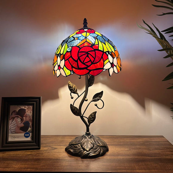 Tiffany Style Table Lamp Stained Glass Rose Flowers Include LED Bulb 10”W*10”D*20”H