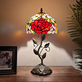 Tiffany Style Table Lamp Stained Glass Rose Flowers Include LED Bulb 10”W*10”D*20”H