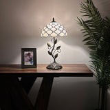 Tiffany Style Table Lamp White Stained Glass Crystal Beans Include LED Bulb 10"W*10"D*20"H