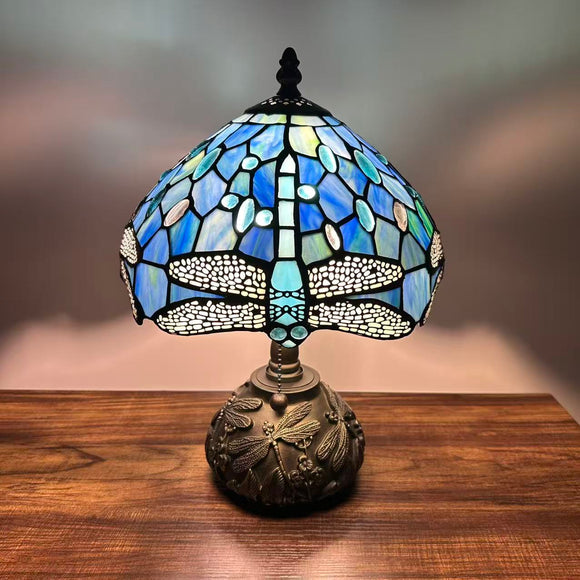 Tiffany Style Table Lamp Blue Stained Glass Dragonfly Included LED Bulb 10