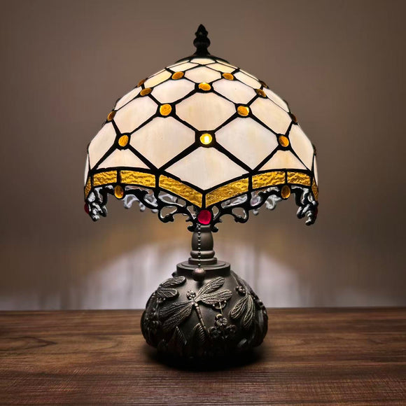 Tiffany Style Table Lamp Beige Stained Glass Crystal Beans Include LED Bulb 10