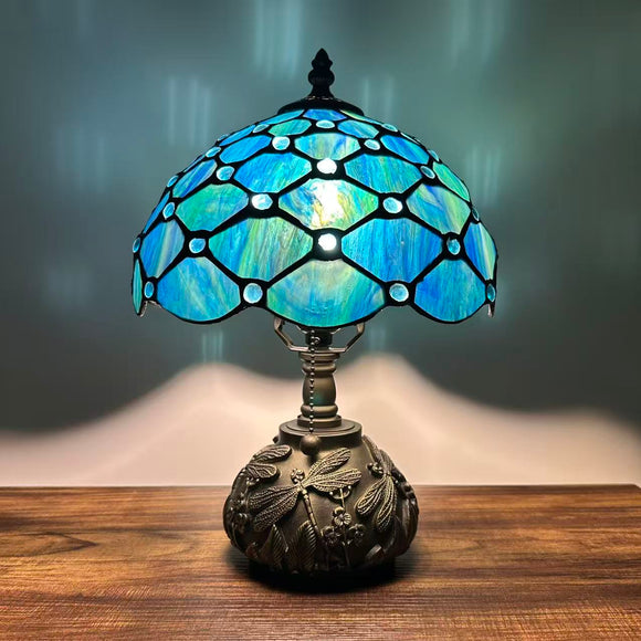 Tiffany Style Table Lamp Blue Stained Glass Crystal Beans Included LED Bulb 10