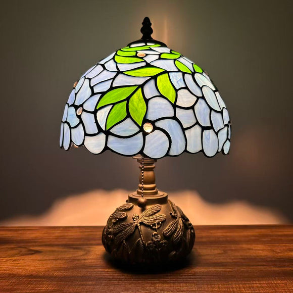 Tiffany Style Table Lamp Blue Stained Glass Green Leaves Included LED Bulb 10
