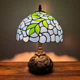 Tiffany Style Table Lamp Blue Stained Glass Green Leaves Included LED Bulb 10"W*10"D*14"H