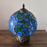 Tiffany Style Table Lamp Blue Stained Glass Green Leaves Included LED Bulb 10"W*10"D*14"H