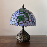 Tiffany Style Table Lamp Purple Stained Glass Green Leaves Included LED Bulb 10"W*10"D*14"H