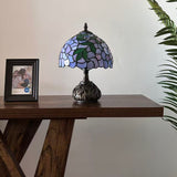 Tiffany Style Table Lamp Purple Stained Glass Green Leaves Included LED Bulb 10"W*10"D*14"H