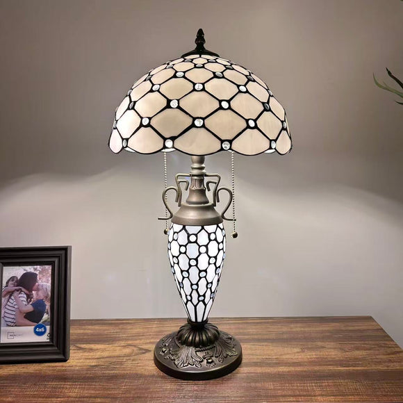 Tiffany Style Table Lamp White Stained Glass Crystal Beans 12
