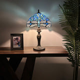 Tiffany Style Table Lamp Blue Stained Glass Dragonfly 12"W*12"D*19"H