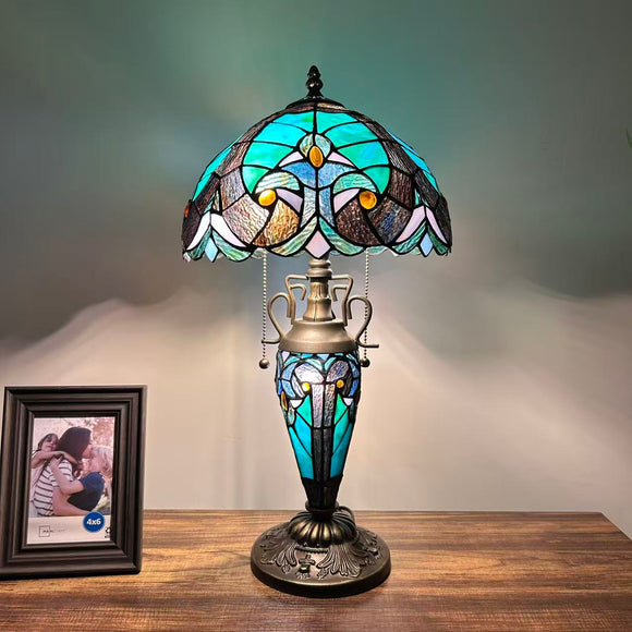 Tiffany Style Table Lamp Green Stained Glass Included LED Bulbs Mother-Daughter Vase Vintage Liaison Lamp for Living Room Dining Room Bedroom Bedside Office Hotel H22*W12 in…
