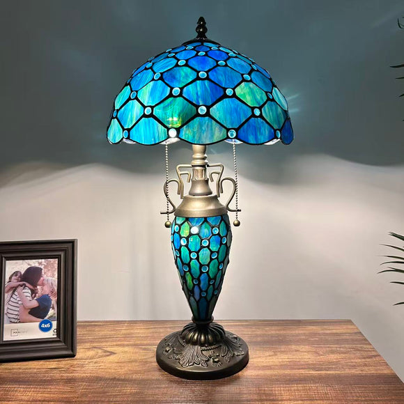 Tiffany Style Table Lamp Blue Stained Glass Crystal Beans Included LED Bulbs 12