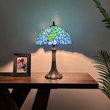 Tiffany Style Table Lamp Blue Stained Glass Green Leaves 12"W*12"D*19"H