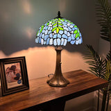 Tiffany Style Table Lamp Blue Stained Glass Green Leaves 12"W*12"D*19"H