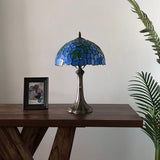 Tiffany Style Table Lamp Blue Stained Glass Green Leaves 12"W*12"D*19"H