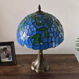 Tiffany Style Table Lamp Blue Stained Glass Green Leaves 12"W*12"D*19"H