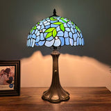 Tiffany Style Table Lamp Blue Stained Glass Green Leaves 12"W*12"D*19"H