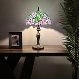 Tiffany style table lamp Purple stained glass green leaves 12"W*12"D*19"H