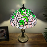Tiffany style table lamp Purple stained glass green leaves 12"W*12"D*19"H