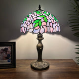 Tiffany style table lamp Purple stained glass green leaves 12"W*12"D*19"H