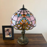 Tiffany Style Table Lamp Pink Stained Glass Baroque Style 12"W*12"D*19"H.