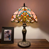 Tiffany Style Table Lamp Pink Stained Glass Baroque Style 12"W*12"D*19"H.