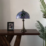 Tiffany Style Table Lamp Purple Stained Glass Green Leaves 12"W*12"D*19"H ET1281
