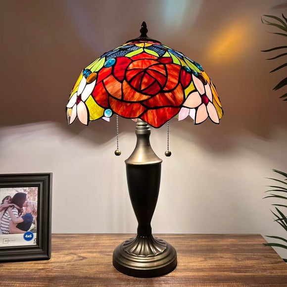 Tiffany Style Table Lamp Stained Glass Rose Flowers 14