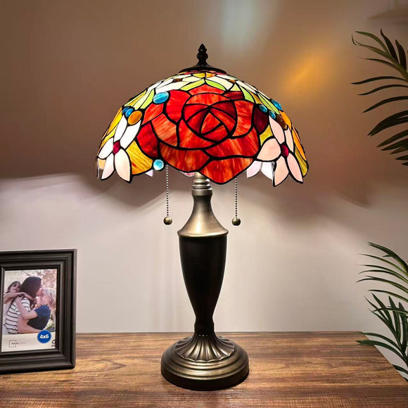 Tiffany Style Table Lamp Stained Glass Rose Flowers 14