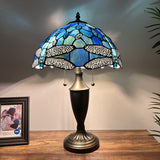 Tiffany Style Table Lamp Blue Stained Glass Dragonfly 14"W*14"D*21"H