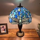 Tiffany Style Table Lamp Blue Stained Glass Dragonfly 14"W*14"D*21"H