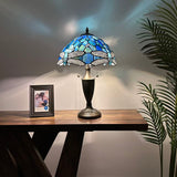 Tiffany Style Table Lamp Blue Stained Glass Dragonfly 14"W*14"D*21"H